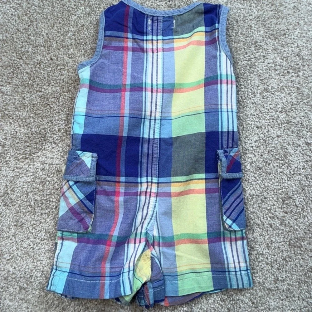 Ralph Lauren Baby Boys Blue Plaid Madras Cargo Romper One Piece 3M Sleeveless